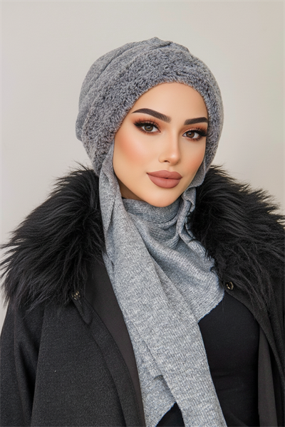 Gri Kürklü Kelebek Bone Şal