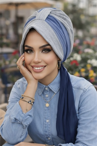 Gri Lacivert Batik Desen Batik Şapkalı Bone