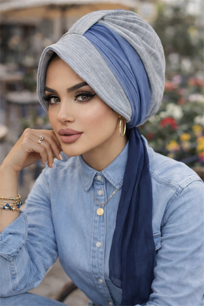 Gri Lacivert Batik Desen Batik Şapkalı Bone