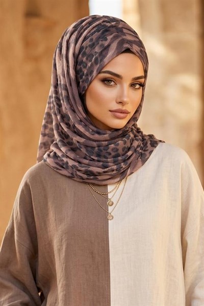 Gri Leopar Desenli Hazır Şifon Şal