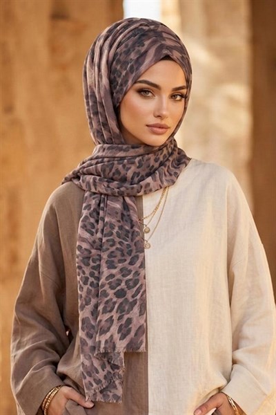 Gri Leopar Desenli Hazır Şifon Şal