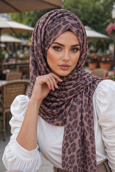 Gri Leopar Desenli Hazır Şifon Şal