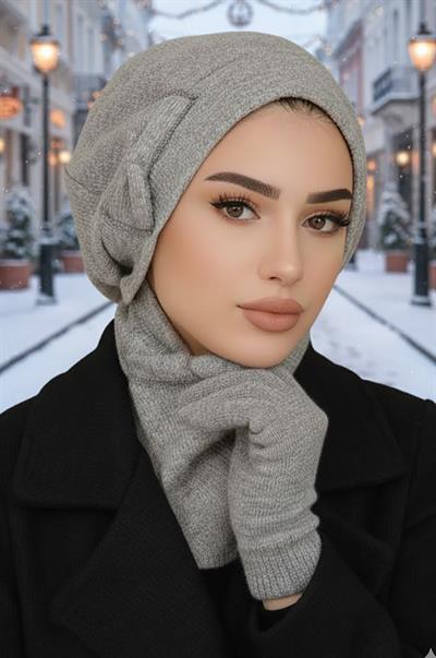 Gri Melanj Fiyonklu Tesettür Bere ve Etol Takım