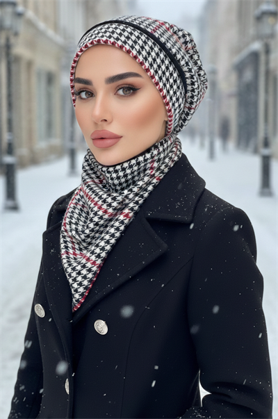 Siyah Kırmızı Kazayağı Tesettür Bere ve Etol Takım