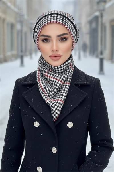 Siyah Kırmızı Kazayağı Tesettür Bere ve Etol Takım