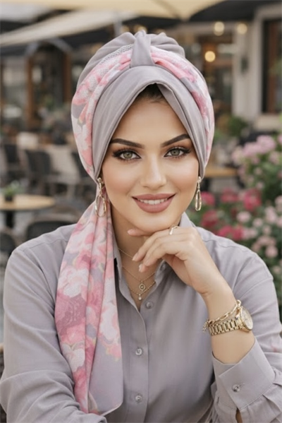 Gri Pudra Çiçekli Şapka Bone