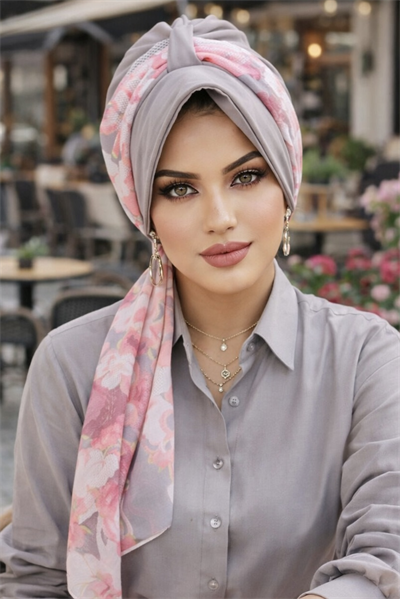 Gri Pudra Çiçekli Şapka Bone