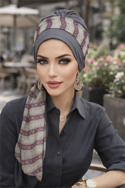 Gri Pudra Fularlı Bone