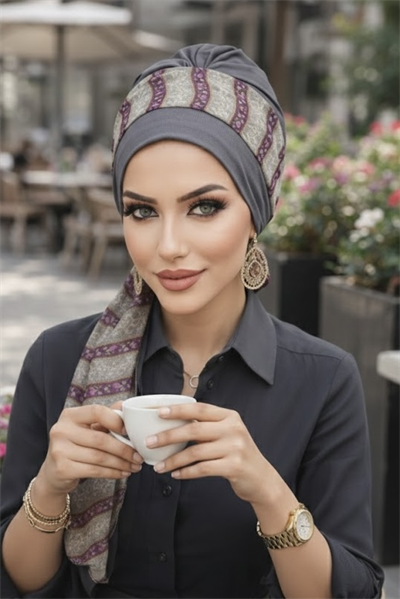 Gri Pudra Fularlı Bone