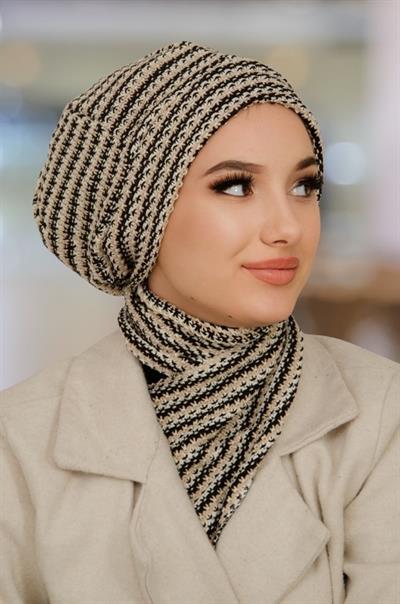 Siyah Bej Çizgili Tesettür Bere Ve Etol Takım