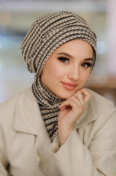 Siyah Bej Çizgili Tesettür Bere Ve Etol Takım