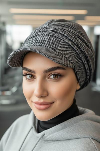 Gri Siyah Ekose Desen Tesettür Şapka