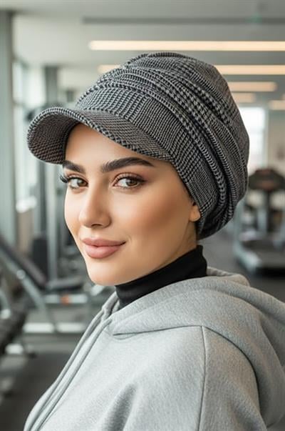 Gri Siyah Ekose Desen Tesettür Şapka