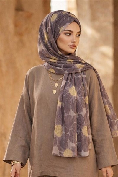 Gri Soft Desenli Hazır Şifon Şal