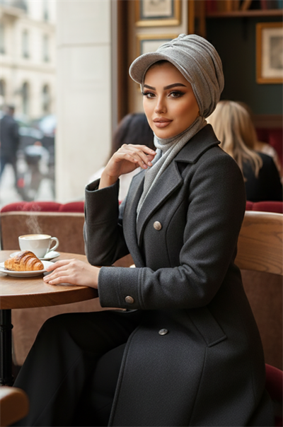 Gri Triko Büzgülü Tesettür Şapka Ve Etol Takım