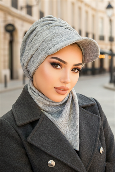 Gri Triko Büzgülü Tesettür Şapka Ve Etol Takım