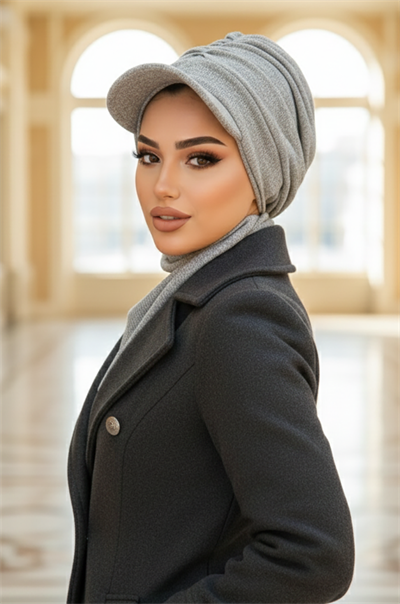Gri Triko Büzgülü Tesettür Şapka Ve Etol Takım