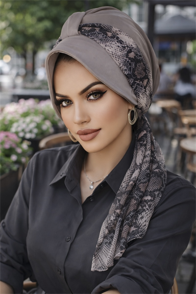 Gri Yılan Desen Fularlı Şapka Bone