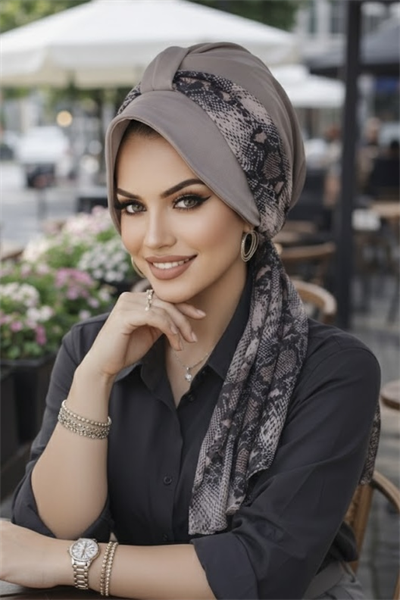 Gri Yılan Desen Fularlı Şapka Bone