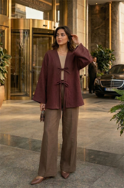 Gülkurusu Önü Bağlamalı Kimono Tunik / Likralı Ütü İstemez Kumaş