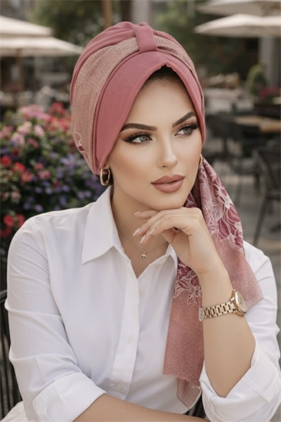 Gülkurusu Pudra Çiçek Desenli Şapka Bone