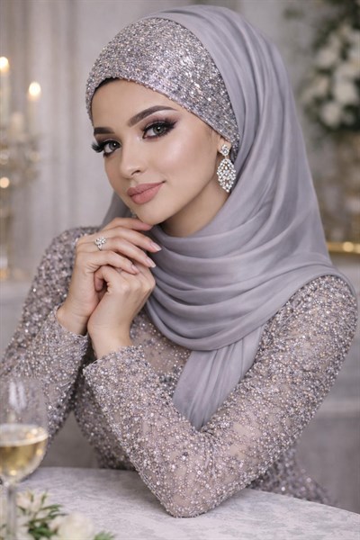 Gümüş Fransız Şifon Payetli Abiye Şal