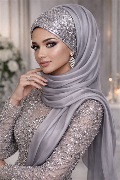 Gümüş Fransız Şifon Payetli Abiye Şal