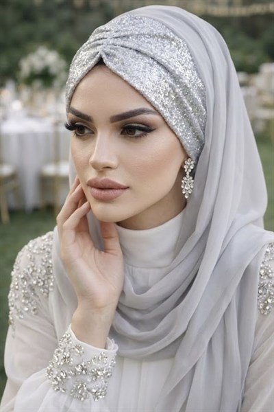 Gümüş Fransız Şifon Simli DOUBLE Abiye Şal