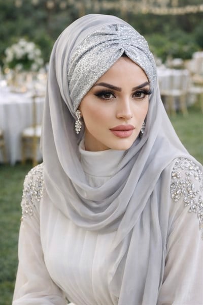 Gümüş Fransız Şifon Simli DOUBLE Abiye Şal