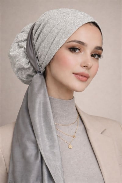 Gümüş Fularlı Çağla Abiye Hazır Türban Bone