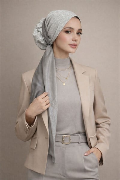 Gümüş Fularlı Çağla Abiye Hazır Türban Bone