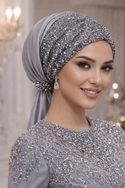 Gümüş Payetli Abiye Tokalı Bone / Hazır Duvak