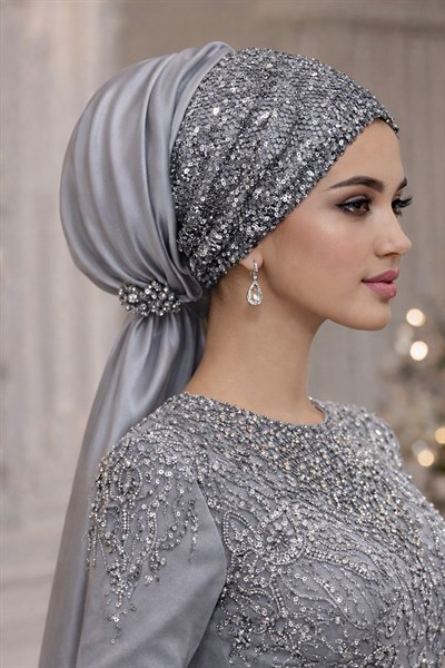 Gümüş Payetli Abiye Tokalı Bone / Hazır Duvak