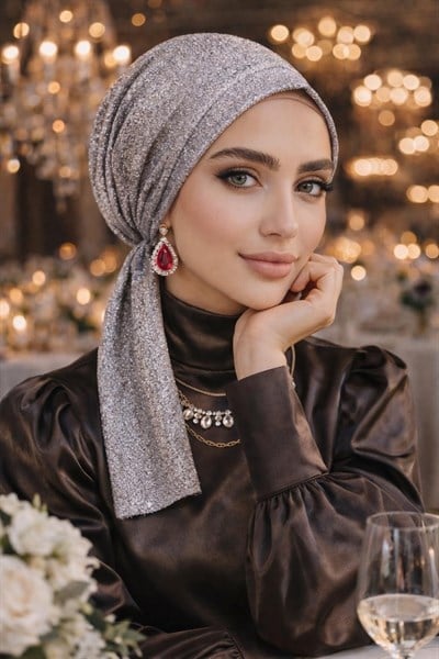 Gümüş Simli Abiye Eşarp Bone