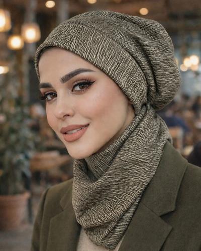 Haki Bej Desen Tesettür Bere Bone ve Çıtçıtlı Etol Takım