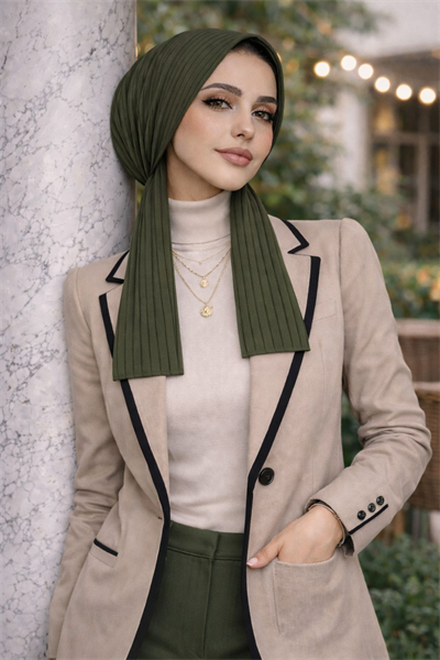 Haki Çizgili Eşarp Bone