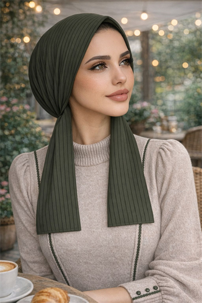 Haki Çizgili Eşarp Bone