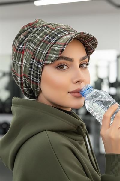 Haki Ekose Desen Tesettür Şapka