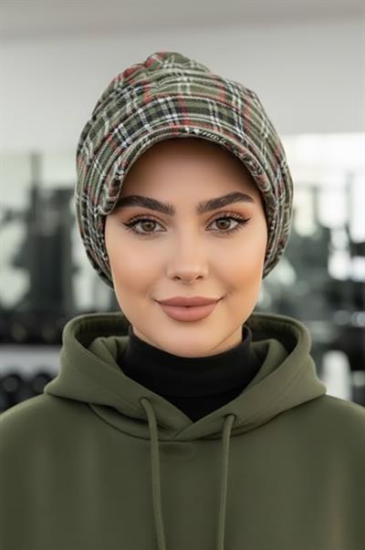 Haki Ekose Desen Tesettür Şapka