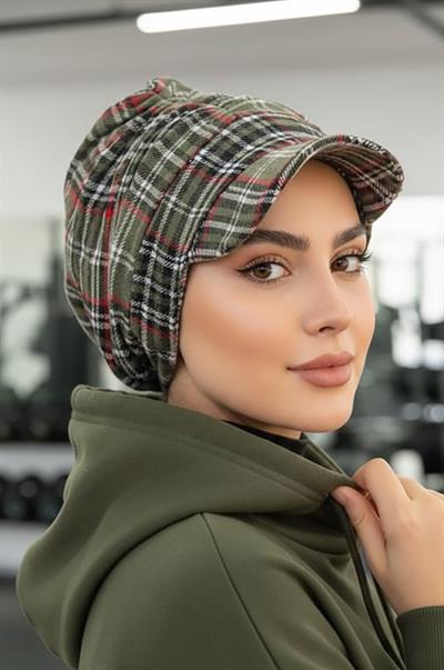 Haki Ekose Desen Tesettür Şapka