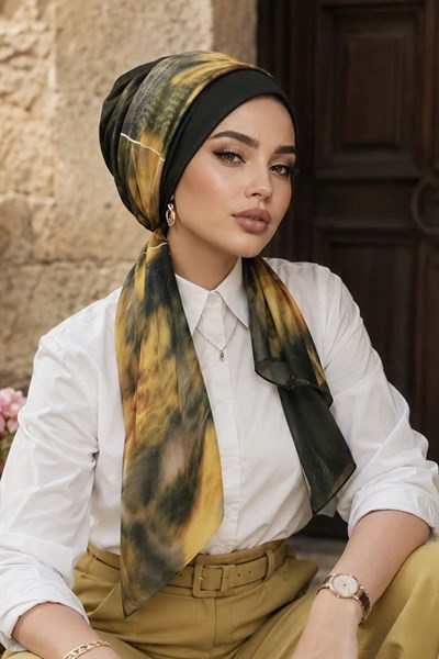 Haki Hardal Batik Desen Fularlı Bone