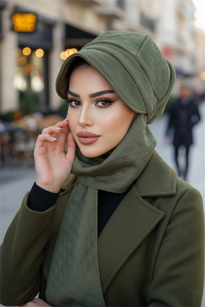 Haki Kapitone Atkılı Tesettür Şapka