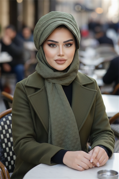 Haki Kapitone Atkılı Tesettür Şapka