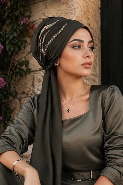 Haki Simli Motifli Atkılı Abiye Bone