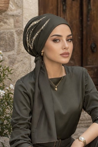 Haki Simli Motifli Atkılı Abiye Bone