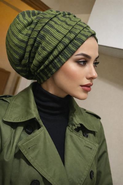 Haki Siyah Desen Büzgülü Salaş Bone