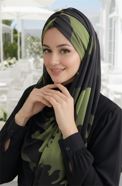 Haki Siyah Desenli Hazır Şal