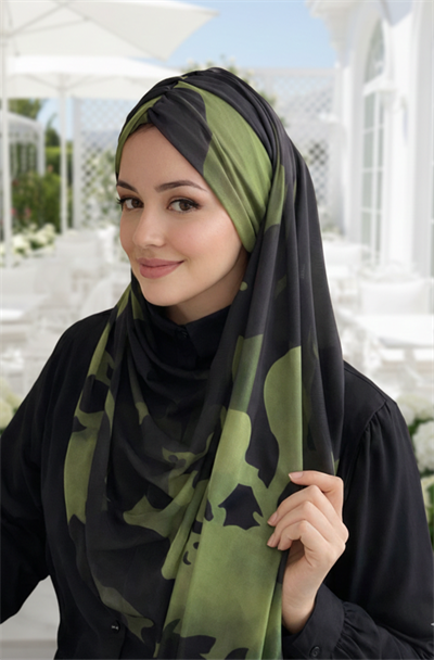 Haki Siyah Desenli Hazır Şal