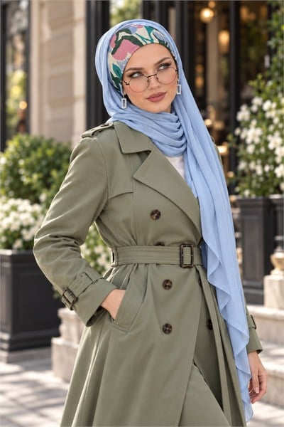 İndigo Desenli Hazır Bandana Şal / Bağcıksız Şal