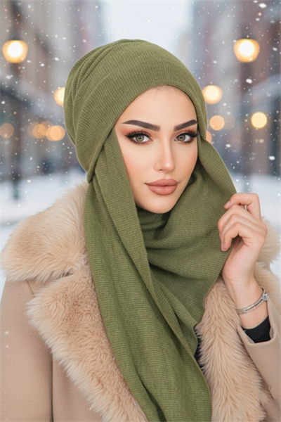 Haki Triko Kelebek Bone Şal